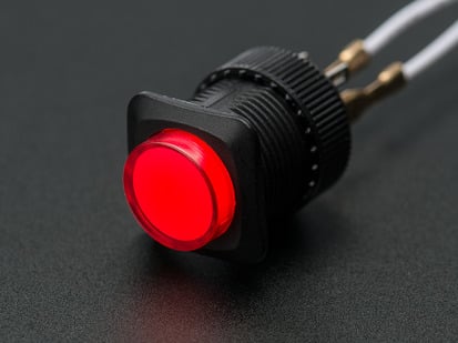 16mm Illuminated Pushbutton - Red Latching On/Off Switch - Angled shot of a red 16mm illuminated pushbutton. 