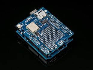 Angled shot of a Adafruit HUZZAH CC3000 WiFi Shield with Onboard Antenna. 