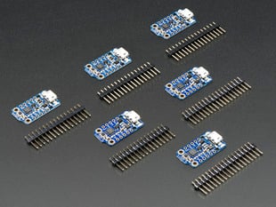 Angled shot of 6 Trinkets next to 16-pin headers.