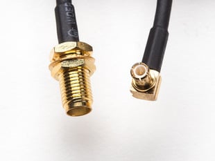 Close-up of MX to RF connector ends on adapter cable.