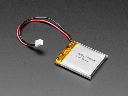 Lithium Ion Polymer Battery - 3.7v 500mAh - Angled shot of a Lithium Ion Polymer Battery 3.7V 500mAh with JST-PH connector.