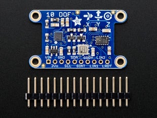 Top view of a Adafruit 10-DOF IMU Breakout board above a 16-pin header. 