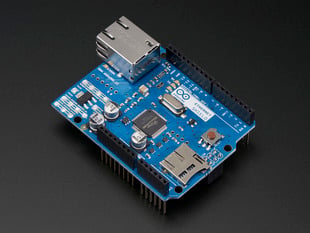 Angled shot of a Arduino Ethernet shield R3 with micro SD connector - Assembled. 