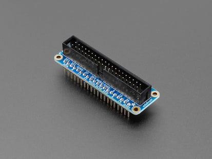 Assembled Pi Cobbler Plus - Breakout Cable - for Pi B+/A+/Pi 2/Pi 3/Pi 4/Pi 5 - Angled shot of blue, rectangular, GPIO breakout board.