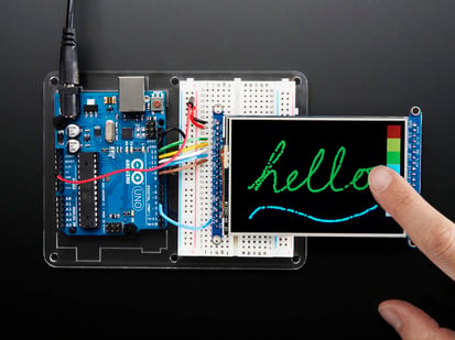 3.5" TFT 320x480 + Touchscreen Breakout Board w/MicroSD Socket - HX8357D - TFT breakout wired to arduino, hand drawing a cursive hello using touchscreen