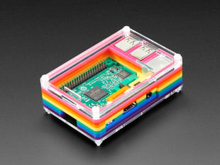 Angled shot of assembled Rainbow Pibow - Enclosure for Raspberry Pi 2 / Model B+/ Pi 3.