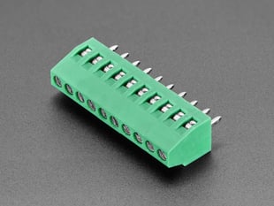 Angled shot of green 10-pin 2.54mm terminal block.