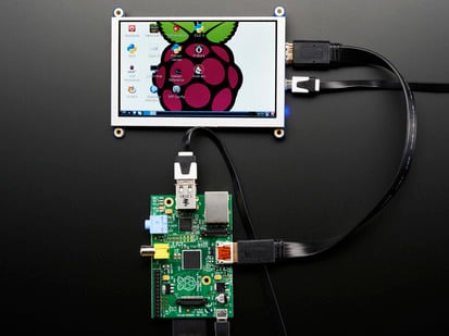 HDMI 5" Display Backpack - Without Touch - Top down view of a HDMI 5" Display Backpack - Without Touch connected to a Raspberry Pi powered by a USB. The HDMI screen displays a desktop image including the Raspberry Pi logo. 