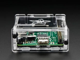Side shot of assembled clear acrylic Enclosure for Raspberry Pi Model A+ featuring the USB port.