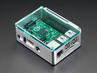 Assembled smooth silver Raspberry Pi enclosure with clear lid.