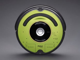Round iRobot Roomba look-alike but with green body.