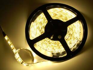 Powered on warm white LED strip.