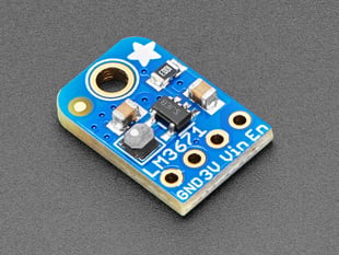 Angled shot of small, blue, buck converter breakout.