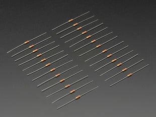 Angled shot of 25 Through-Hole Resistors - 42K ohm 5% 1/4W.