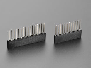 Angled shot of a Stacking Headers for Feather - 12-pin and 16-pin female headers. 