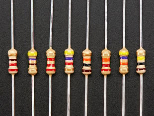 Close up of 8 Through-Hole Resistors - 100 ohm-100K ohm - 5% 1/4W. 