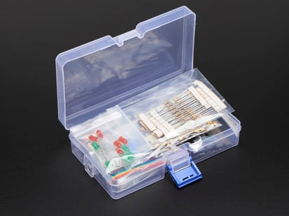 Adafruit Parts Pal - A plastic storage box full of various electrical components.