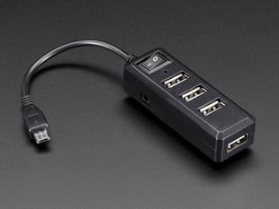 Black USB hub with USB-A sockets and a USB micro-B plug cable.