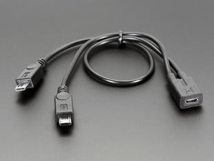 Black USB micro-B Y splitter cable with two USB micro-b plugs and one socket