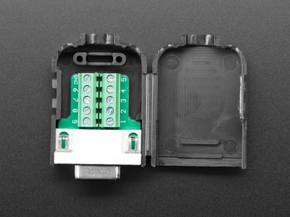DE-9 (DB-9) Female Socket Connector to Terminal Block Breakout - Top view of opened up DE-9 (DB-9) Female Socket Connector to Terminal Block Breakout.