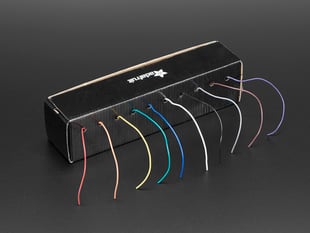 Hook-up Wire Spool Set -22AWG Stranded-Core in box with 10 colorful wires coming out.