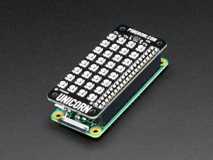 Angled shot of a Pimoroni Unicorn pHAT - 4x8 RGB LED Shield for Raspberry Pi stacked on a Pi Zero. 