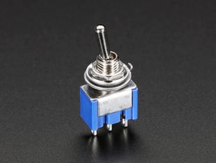 Angled shot of blue, mini, SPDT toggle switch.