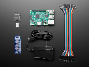 Top-down view of Raspberry Pi 3 Model B and some helpful Pi accessories to get going with Android Things.