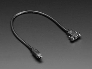 Angled shot of black, 12.3 inch long, panel mount USB cable with USB mini-B plug and socket ends.