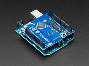 Angled shot of a 1Sheeld+ for iOS and Android connected to an Arduino. 