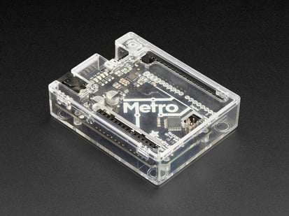 Clear Enclosure for Arduino or Metro - Angled shot of a Clear Enclosure assembled on a Metro. 