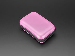 Angled shot of pink, rectangular zipper case, closed.