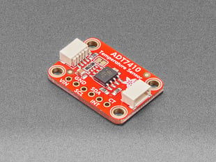 Angled shot of red, rectangle-shaped temperature sensor breakout with two tan JST-SH connectors.