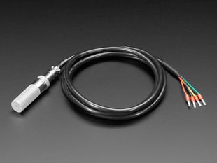 A coiled, black, humidity-temperature sensor cable with a mesh cover and four wire ends.