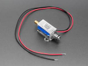 Angled Shot of the Small  Push-Pull Solenoid - 12VDC with Red & Black wires.