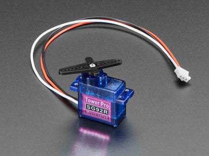 Micro Servo with 3-pin JST PH 2mm Cable - TowerPro SG92R - STEMMA Connector Compatible - STEMMA Connector Compatible - Angled shot of a micro servo with a JST cable.