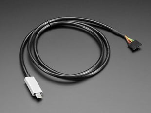 A coiled, black, FTDI cable with a USB-C connector.