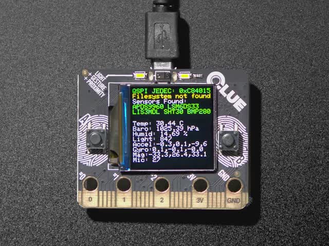 Adafruit CLUE - nRF52840 Express with Bluetooth® LE - Animated GIF showing CLUE board  displaying data from the many on-board sensors.