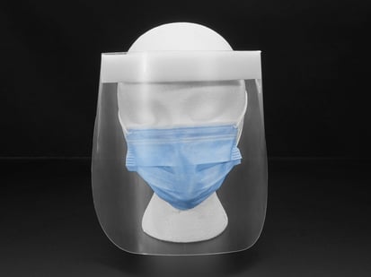Disposable Face Shields with Anti-Fog Coating - Head on shot of the face shield on a mannequin head. Shield starts at the forehead and ends below the chine