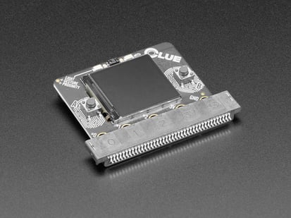 micro:bit or CLUE Connector - Sunken Right Angle Type - Angled shot of a Sunken Right Angle Type connecter connected to a CLUE. 