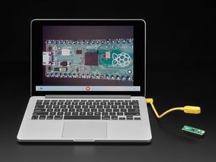Laptop with kano cam plugged in, pointed at Pi Pico board. Pico is displayed on laptop screen