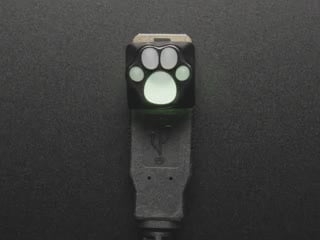 Top view of video of assembled black and white paw print keycap. An RGB LED glows rainbow spectrum colors under the translucent silicone of the paw.