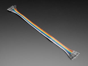 Angled shot of 10 x 12" long female/male extension jumper wires.
