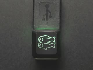 Demo Shot of the Etched Glow-Through Keycap connected to a single button USB Device that is illuminating rainbow colors through the Keycap Glitch Logo.