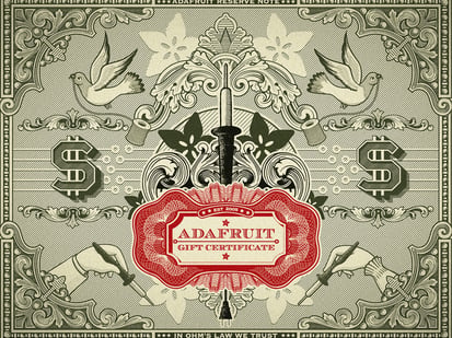 $10 Gift Certificate - Stylized graphic with US dollar signs and "Adafruit Gift Certificate" in filigree font.