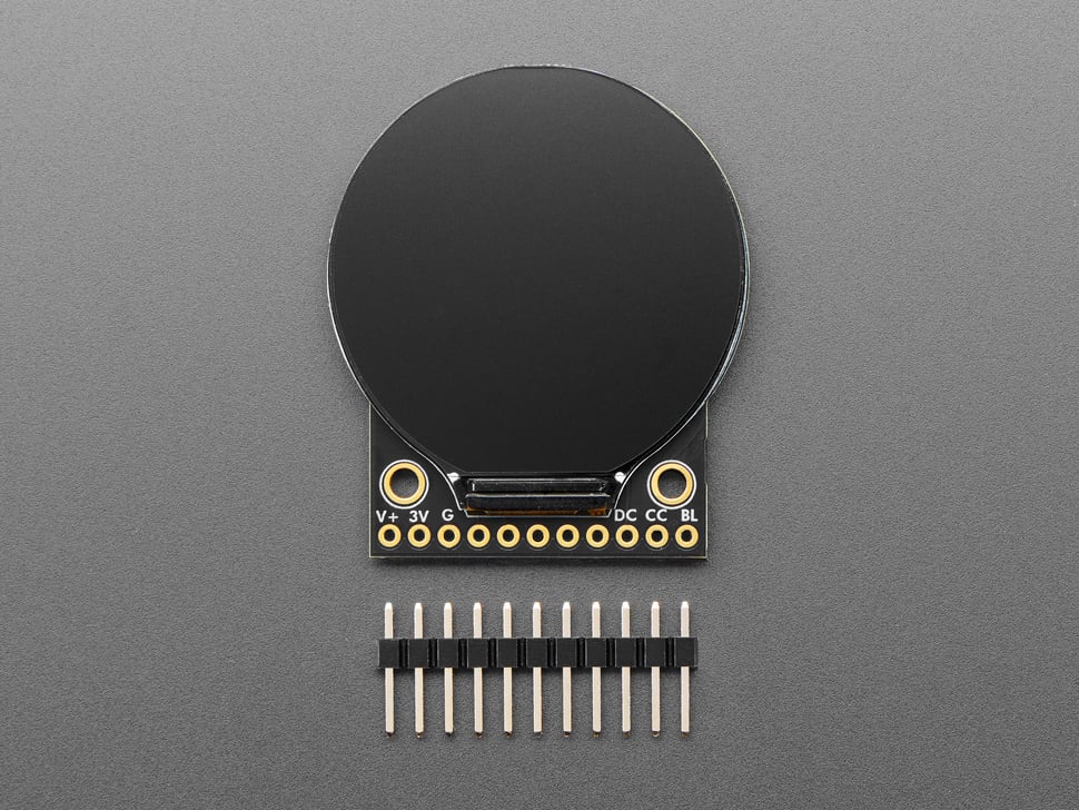 Top Down Front Shot of the Adafruit 1.28" 240x240 Round TFT LCD Display with MicroSD with 11pin Header.