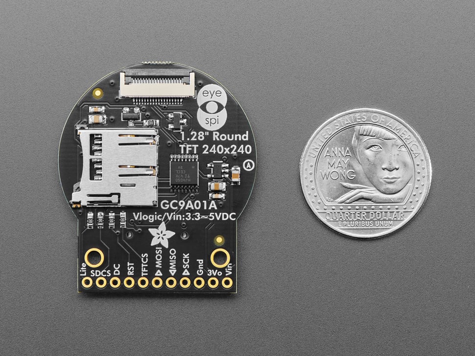 Top Down Back Shot of the Adafruit 1.28" 240x240 Round TFT LCD Display with MicroSD next to a U.S. Quarter for Scale.