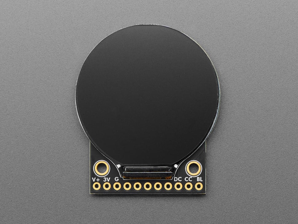 Top Down Front Shot of the Adafruit 1.28" 240x240 Round TFT LCD Display with MicroSD.