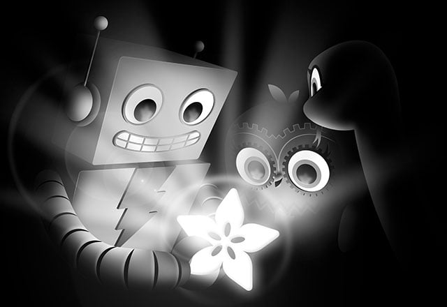 AdaBot, Minerva and Blinka crowd around a glowing Adafruit logo that illuminates their faces which in awe. The rest of their bodies melt into the black background. To their right is the phrase "New Products", the top left corner of the "N" glows, but not as brightly as the Adafruit logo