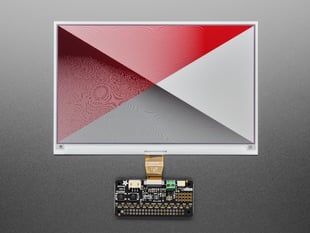 Black, rectangle-shaped electronic ink driver add-on board powering a 7.5" tri-color electronic ink display in red, black, and white.